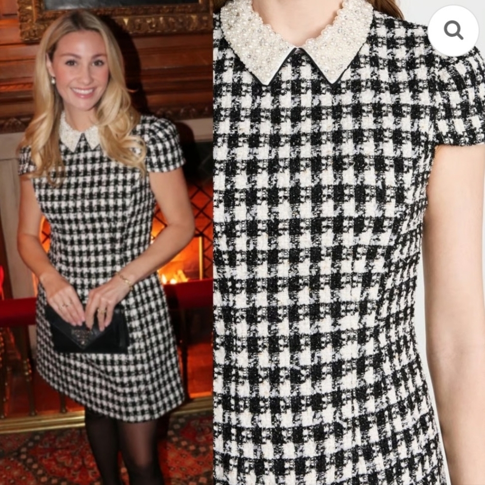 Alice + Olivia Velia Tweed Mini Dress Black Crystal Pearl Collar Size 10 - Picture 4 of 15